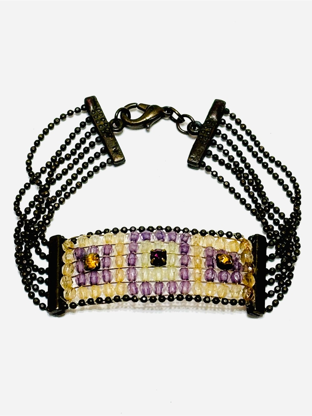 Artisan Multi Strand Woven Seed Bead Bracelet Purple Antique Brass Boho Chic